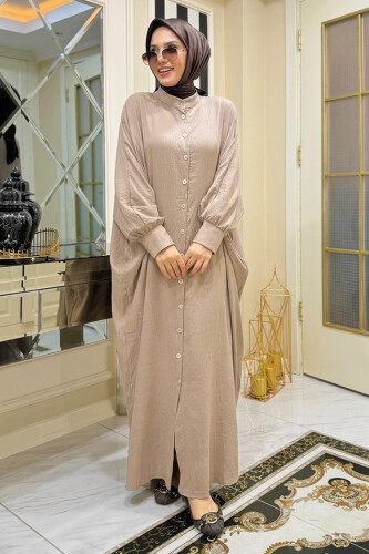 Ön Kısmı Boydan Düğmeli Salaş Elbise 7910 Vizon - Bym Fashion (1)