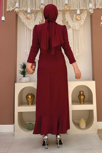 Ön Zincir Püskül Detay Balık Model Abiye Elbise 3810 Bordo - Bym Fashion (1)