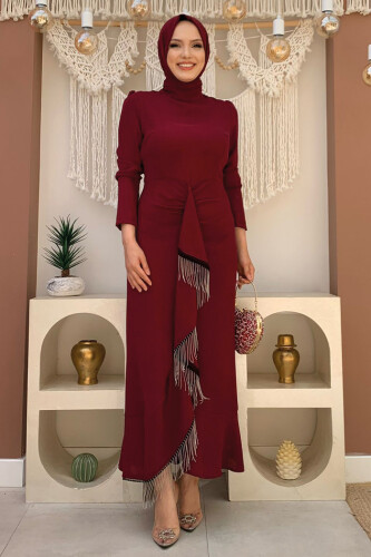 Front Chain Tassel Detail Fish Model Evening Dress 3810 Claret Red - Bym Fashion