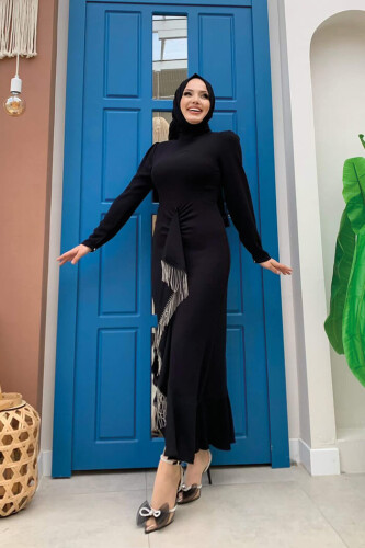 Ön Zincir Püskül Detay Balık Model Abiye Elbise 3810 Siyah - Bym Fashion (1)