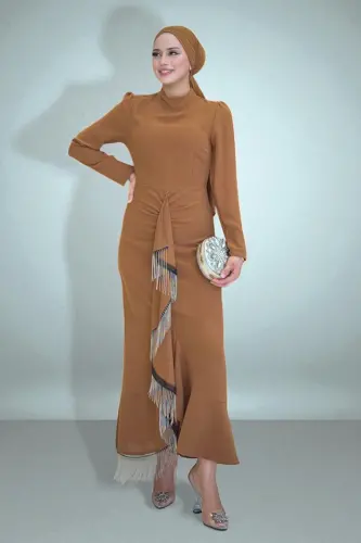 Front Chain Tassel Detail Fish Model Evening Dress 3810 Tan - Bym Fashion (1)