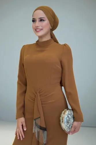 Ön Zincir Püskül Detay Balık Model Abiye Elbise 3810 Taba - 4