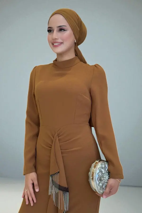 Ön Zincir Püskül Detay Balık Model Abiye Elbise 3810 Taba - 4