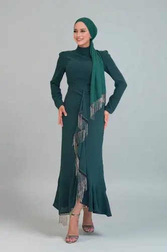 Ön Zincir Püskül Detay Balık Model Abiye Elbise 3810 Zümrüt - Bym Fashion (1)