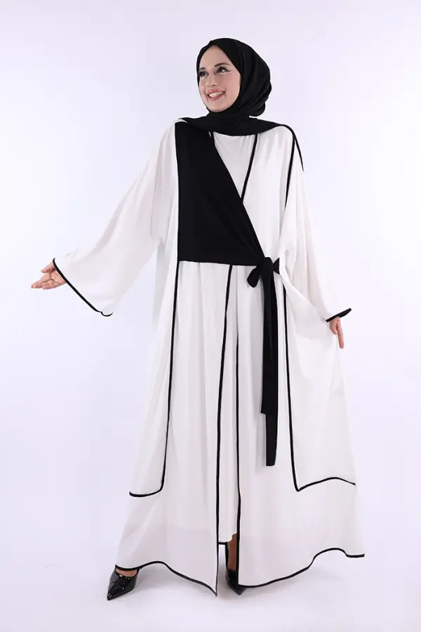 Önden Bağlama Detaylı Abaya 70005 Ekru - 1