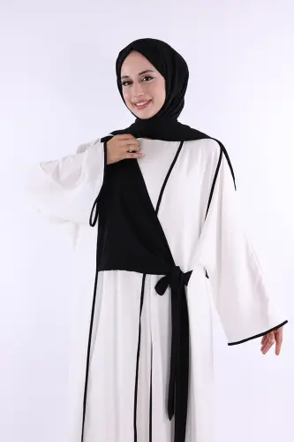 Önden Bağlama Detaylı Abaya 70005 Ekru - 4