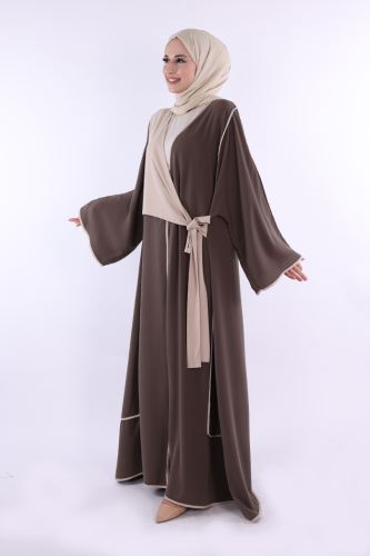 Önden Bağlama Detaylı Abaya 70005 Kahverengi - 1