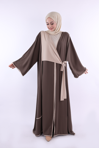 Önden Bağlama Detaylı Abaya 70005 Kahverengi - 2