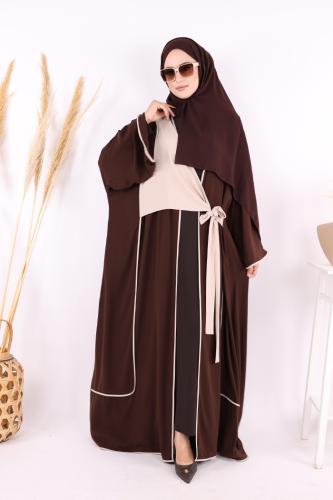 Önden Bağlama Detaylı Abaya 70005 Kahverengi - Bym Fashion (1)