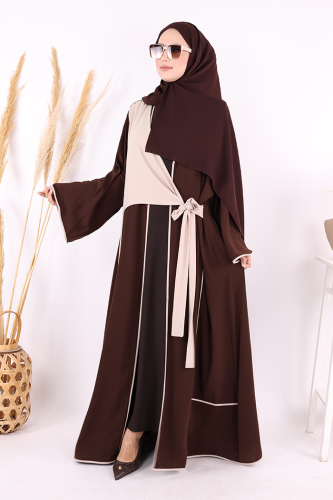 Önden Bağlama Detaylı Abaya 70005 Kahverengi - 3