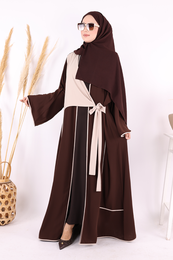 Önden Bağlama Detaylı Abaya 70005 Kahverengi - 3