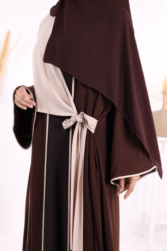 Önden Bağlama Detaylı Abaya 70005 Kahverengi - 6