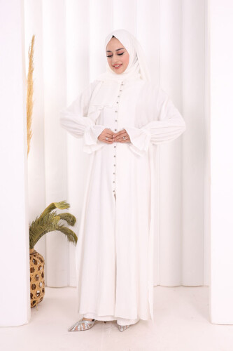 Hac Umre Takım Önü Düğmeli Tunik,Pantolon ŞAL HEDİYE 8014 Ekru - Bym Fashion