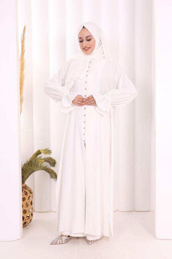 Hac Umre Takım Önü Düğmeli Tunik,Pantolon ŞAL HEDİYE 8014 Ekru - 1