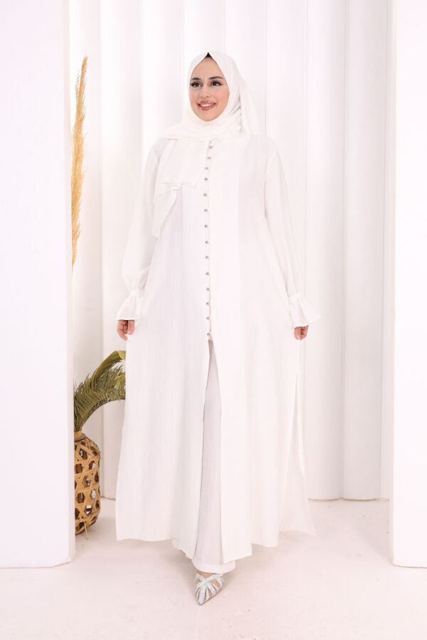 Hac Umre Takım Önü Düğmeli Tunik,Pantolon ŞAL HEDİYE 8014 Ekru - 2