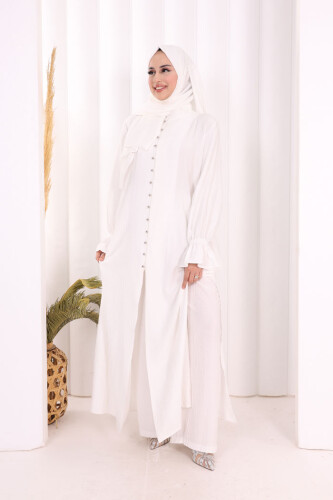 Hac Umre Takım Önü Düğmeli Tunik,Pantolon ŞAL HEDİYE 8014 Ekru - 3