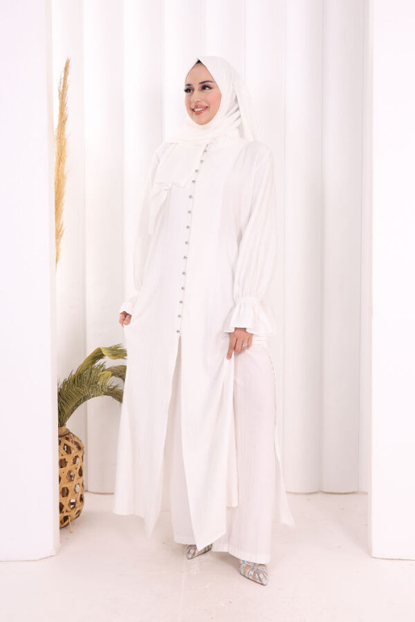 Hac Umre Takım Önü Düğmeli Tunik,Pantolon ŞAL HEDİYE 8014 Ekru - 3