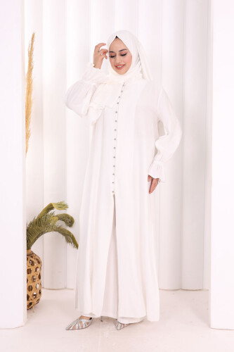 Hac Umre Takım Önü Düğmeli Tunik,Pantolon ŞAL HEDİYE 8014 Ekru - 4