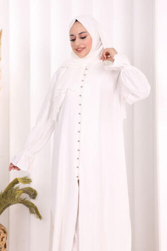 Hac Umre Takım Önü Düğmeli Tunik,Pantolon ŞAL HEDİYE 8014 Ekru - 6