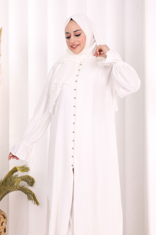 Hac Umre Takım Önü Düğmeli Tunik,Pantolon ŞAL HEDİYE 8014 Ekru - 6