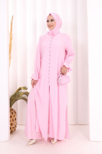 Hac Umre Takım Önü Düğmeli Tunik,Pantolon ŞAL HEDİYE 8014 Pembe - Bym Fashion