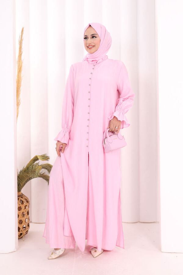 Hac Umre Takım Önü Düğmeli Tunik,Pantolon ŞAL HEDİYE 8014 Pembe - 1
