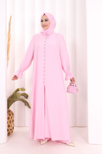 Hac Umre Takım Önü Düğmeli Tunik,Pantolon ŞAL HEDİYE 8014 Pembe - Bym Fashion (1)