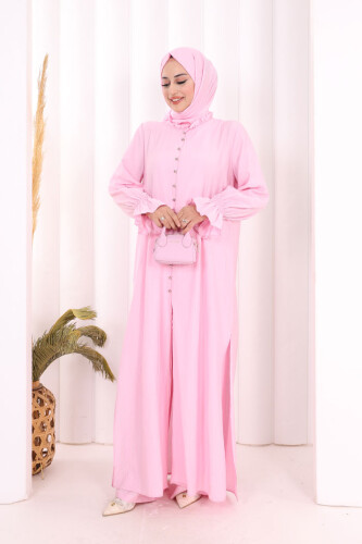 Hac Umre Takım Önü Düğmeli Tunik,Pantolon ŞAL HEDİYE 8014 Pembe - 4