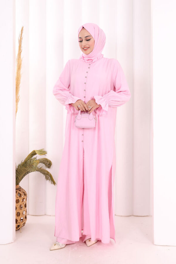Hac Umre Takım Önü Düğmeli Tunik,Pantolon ŞAL HEDİYE 8014 Pembe - 4