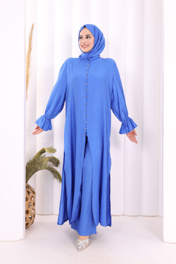Hac Umre Takım Önü Düğmeli Tunik,Pantolon ŞAL HEDİYE 8014 Saks - 1