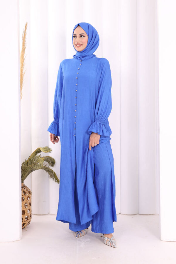 Hac Umre Takım Önü Düğmeli Tunik,Pantolon ŞAL HEDİYE 8014 Saks - 2