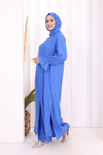 Hac Umre Takım Önü Düğmeli Tunik,Pantolon ŞAL HEDİYE 8014 Saks - 4