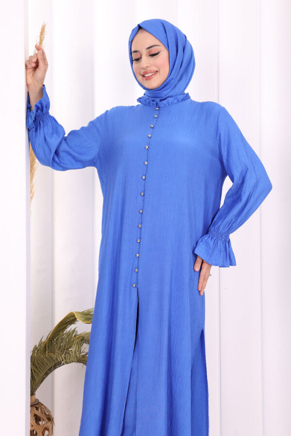 Hac Umre Takım Önü Düğmeli Tunik,Pantolon ŞAL HEDİYE 8014 Saks - 6