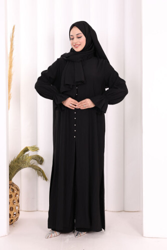 Hac Umre Takım Önü Düğmeli Tunik,Pantolon ŞAL HEDİYE 8014 Siyah - Bym Fashion (1)