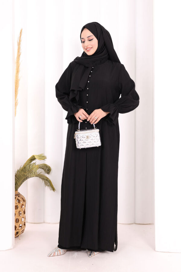 Hac Umre Takım Önü Düğmeli Tunik,Pantolon ŞAL HEDİYE 8014 Siyah - 5