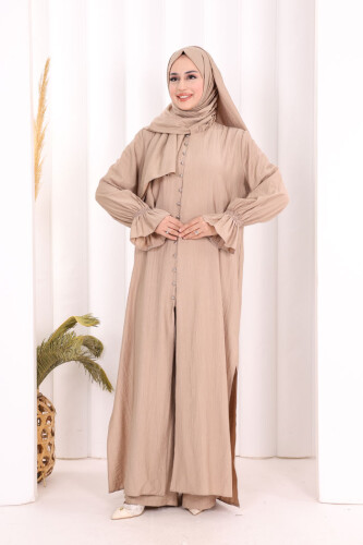 Hac Umre Takım Önü Düğmeli Tunik,Pantolon ŞAL HEDİYE 8014 Vizon - Bym Fashion