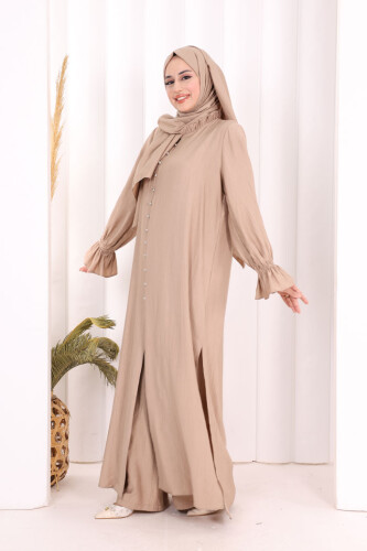 Hac Umre Takım Önü Düğmeli Tunik,Pantolon ŞAL HEDİYE 8014 Vizon - Bym Fashion (1)