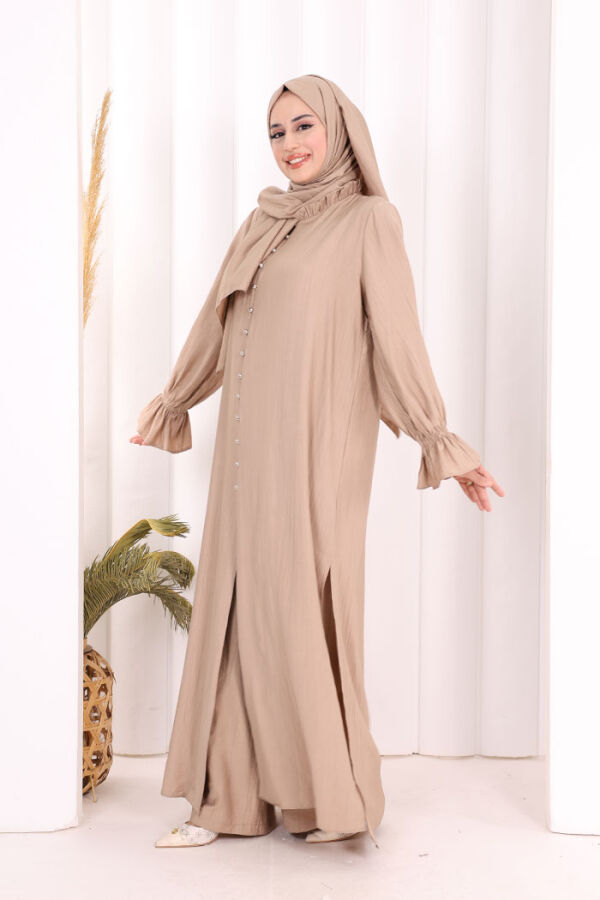 Hac Umre Takım Önü Düğmeli Tunik,Pantolon ŞAL HEDİYE 8014 Vizon - 2