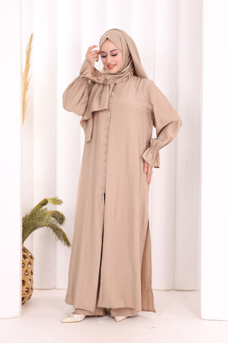 Hac Umre Takım Önü Düğmeli Tunik,Pantolon ŞAL HEDİYE 8014 Vizon - 3