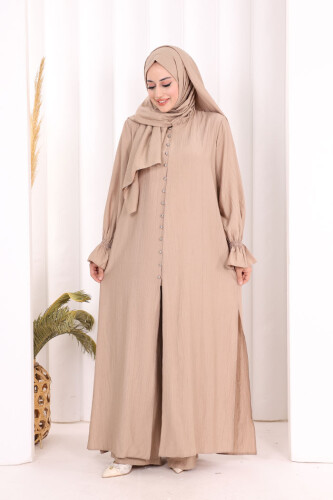 Hac Umre Takım Önü Düğmeli Tunik,Pantolon ŞAL HEDİYE 8014 Vizon - 4