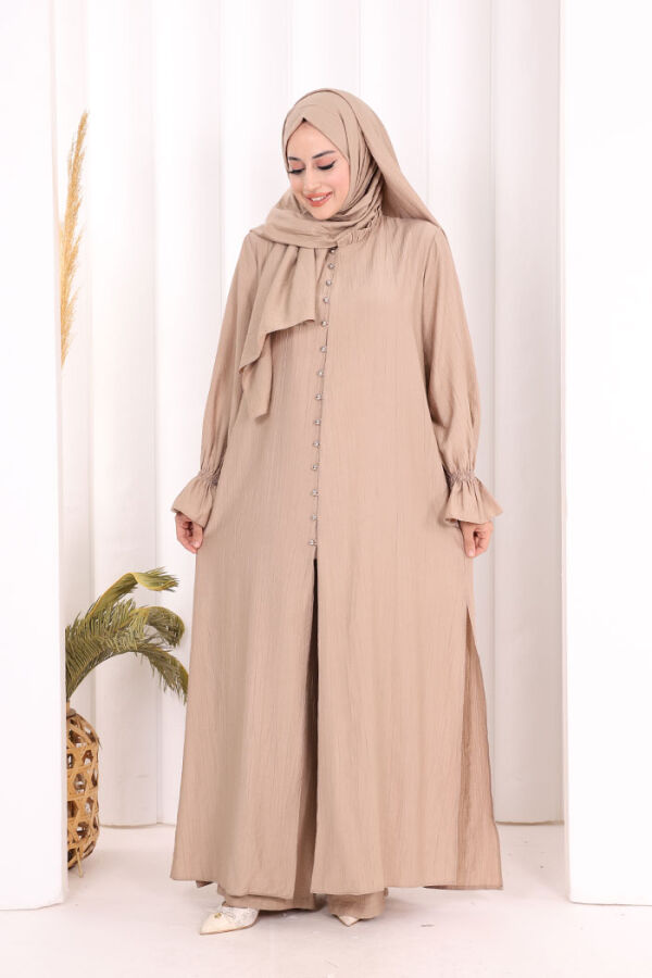 Hac Umre Takım Önü Düğmeli Tunik,Pantolon ŞAL HEDİYE 8014 Vizon - 4