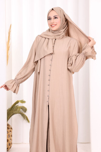 Hac Umre Takım Önü Düğmeli Tunik,Pantolon ŞAL HEDİYE 8014 Vizon - 6