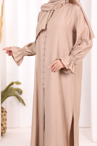 Hac Umre Takım Önü Düğmeli Tunik,Pantolon ŞAL HEDİYE 8014 Vizon - 7