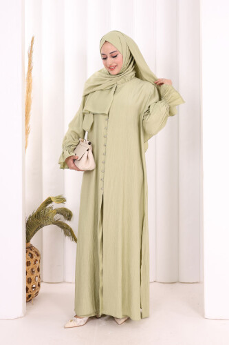 Hac Umre Takım Önü Düğmeli Tunik,Pantolon ŞAL HEDİYE 8014 Yağ Yeşili - Bym Fashion