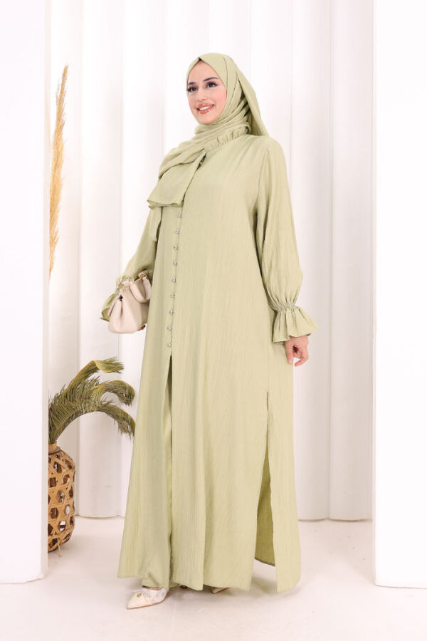 Hac Umre Takım Önü Düğmeli Tunik,Pantolon ŞAL HEDİYE 8014 Yağ Yeşili - 3