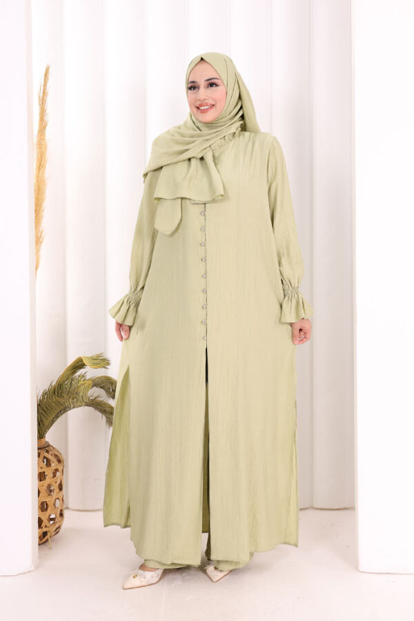 Hac Umre Takım Önü Düğmeli Tunik,Pantolon ŞAL HEDİYE 8014 Yağ Yeşili - 4