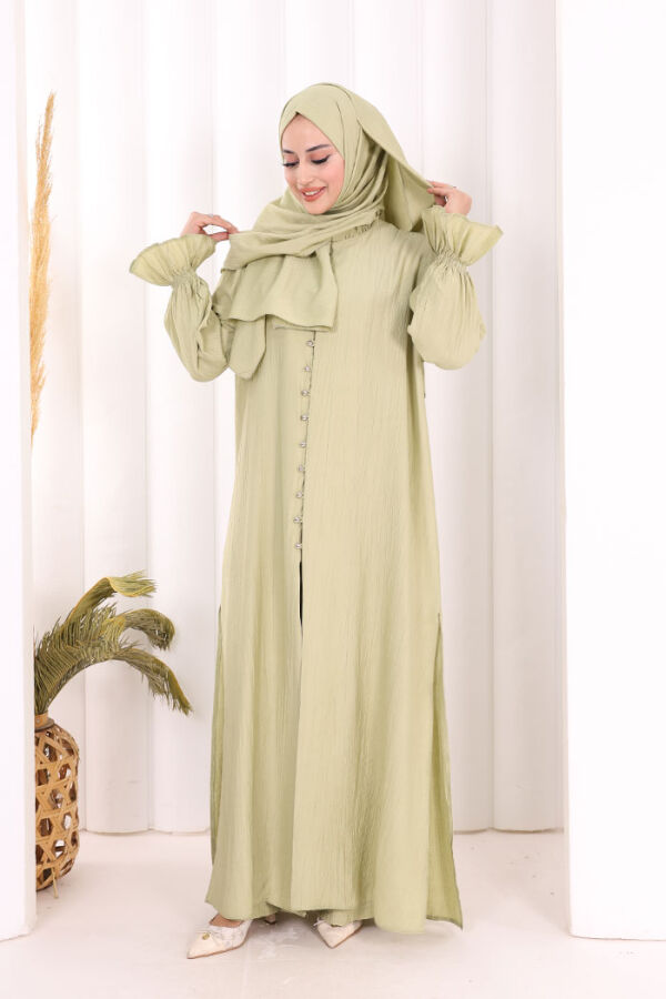 Hac Umre Takım Önü Düğmeli Tunik,Pantolon ŞAL HEDİYE 8014 Yağ Yeşili - 5
