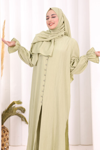Hac Umre Takım Önü Düğmeli Tunik,Pantolon ŞAL HEDİYE 8014 Yağ Yeşili - 7