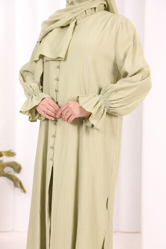 Hac Umre Takım Önü Düğmeli Tunik,Pantolon ŞAL HEDİYE 8014 Yağ Yeşili - 8