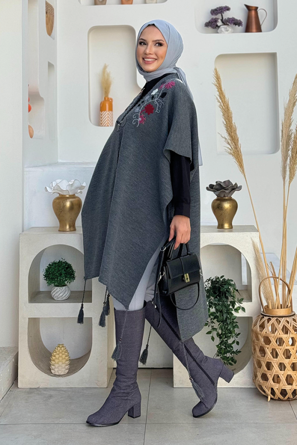 Önü Tek Düğmeli Omuz İşleme Detaylı Triko Panço 12031 Füme - 6